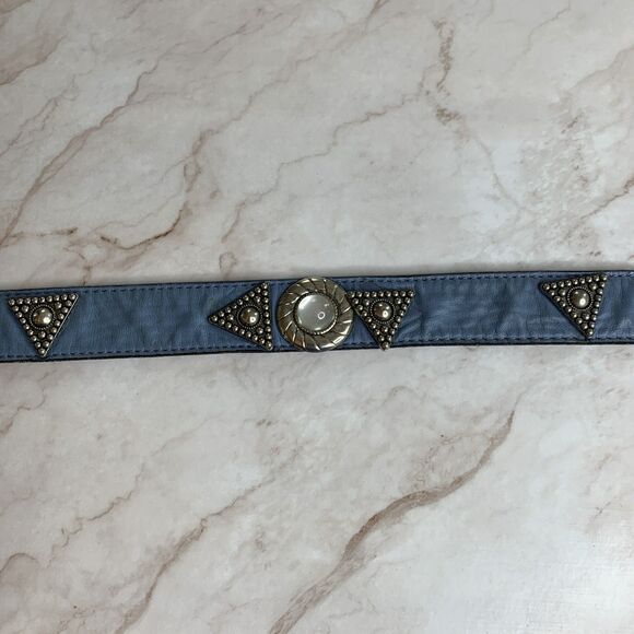 Vtg Leatherock Blue Leather Western Belt Silver Tone Concho Studded Buckle Large